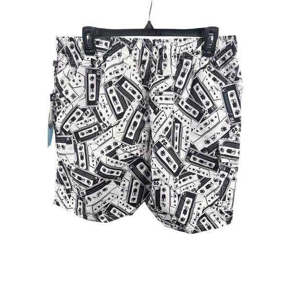 Kanalei Bay NWT Cassette Print Mens Swim Shorts L Black White Lined Beach Summer - Picture 2 of 10